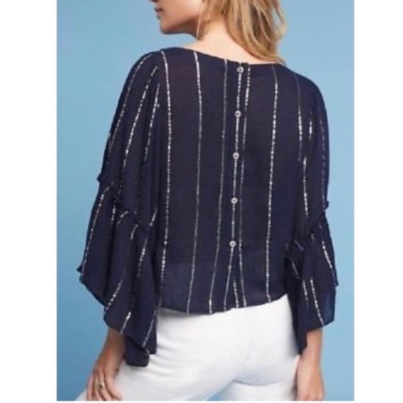 Anthropologie Floreat Silver/Navy 3/4 Bell-Sleeve Blouse - Picture 2 of 6